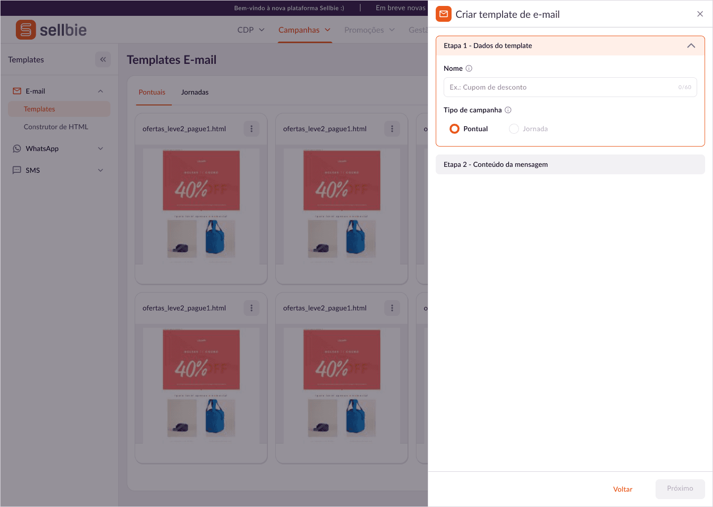 Criação de template em etapas guiadas