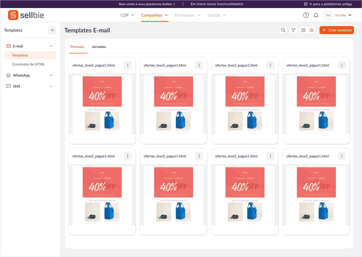 Biblioteca de templates organizada por canal