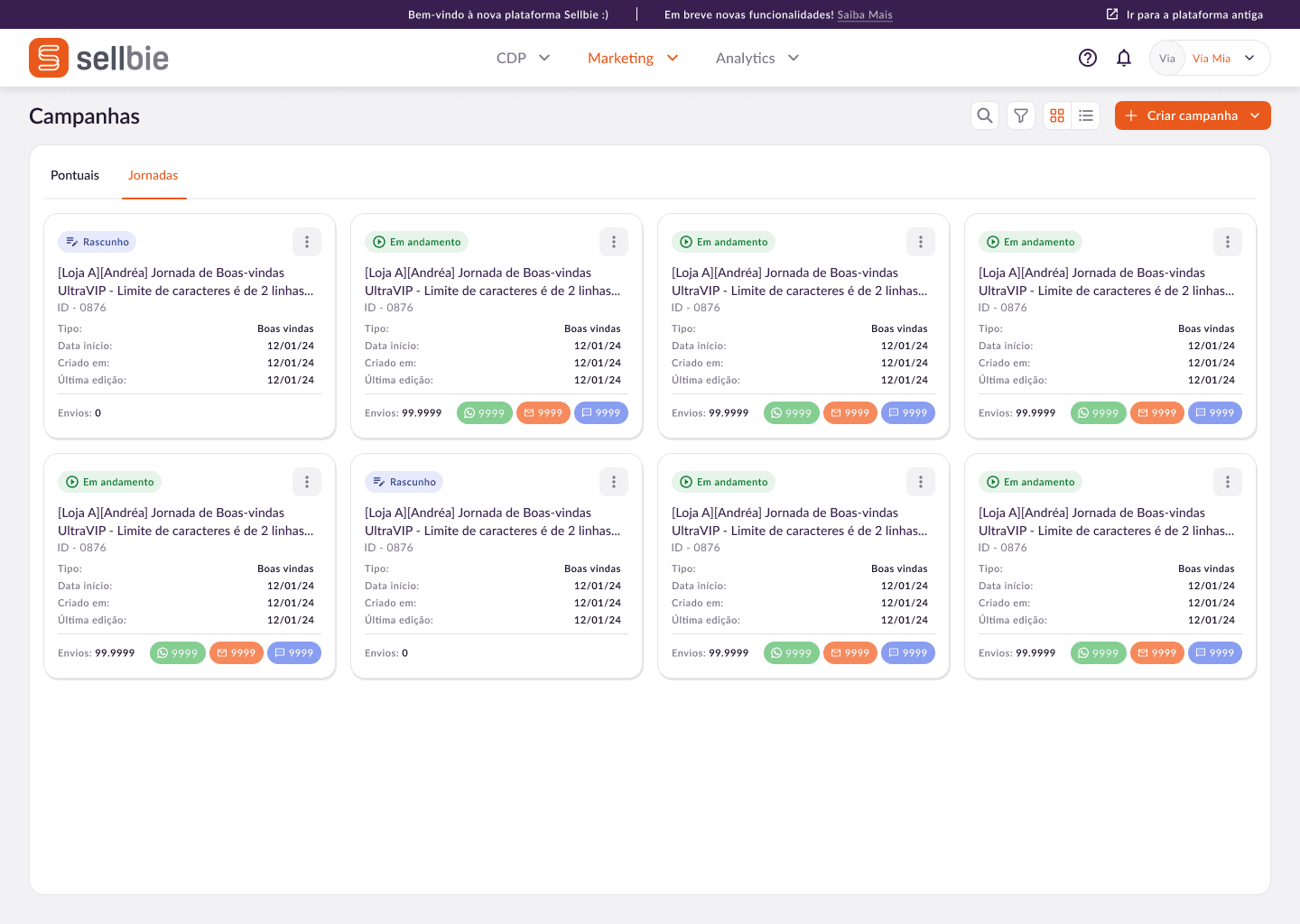 Visão geral em cards com status e canais